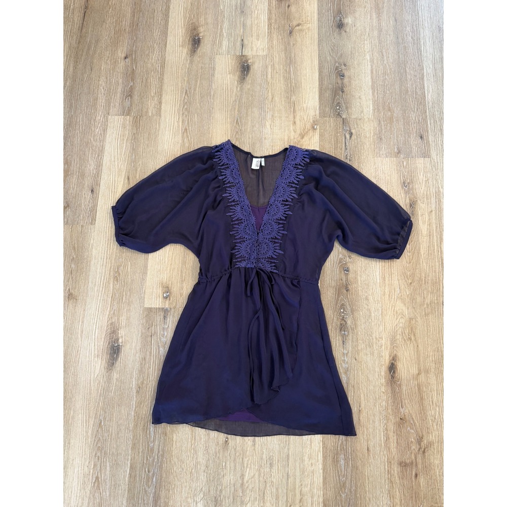 Birdcage Purple Crochet Lace V-Neck Dolman Sleeve Empire Waist Tunic Top M‎